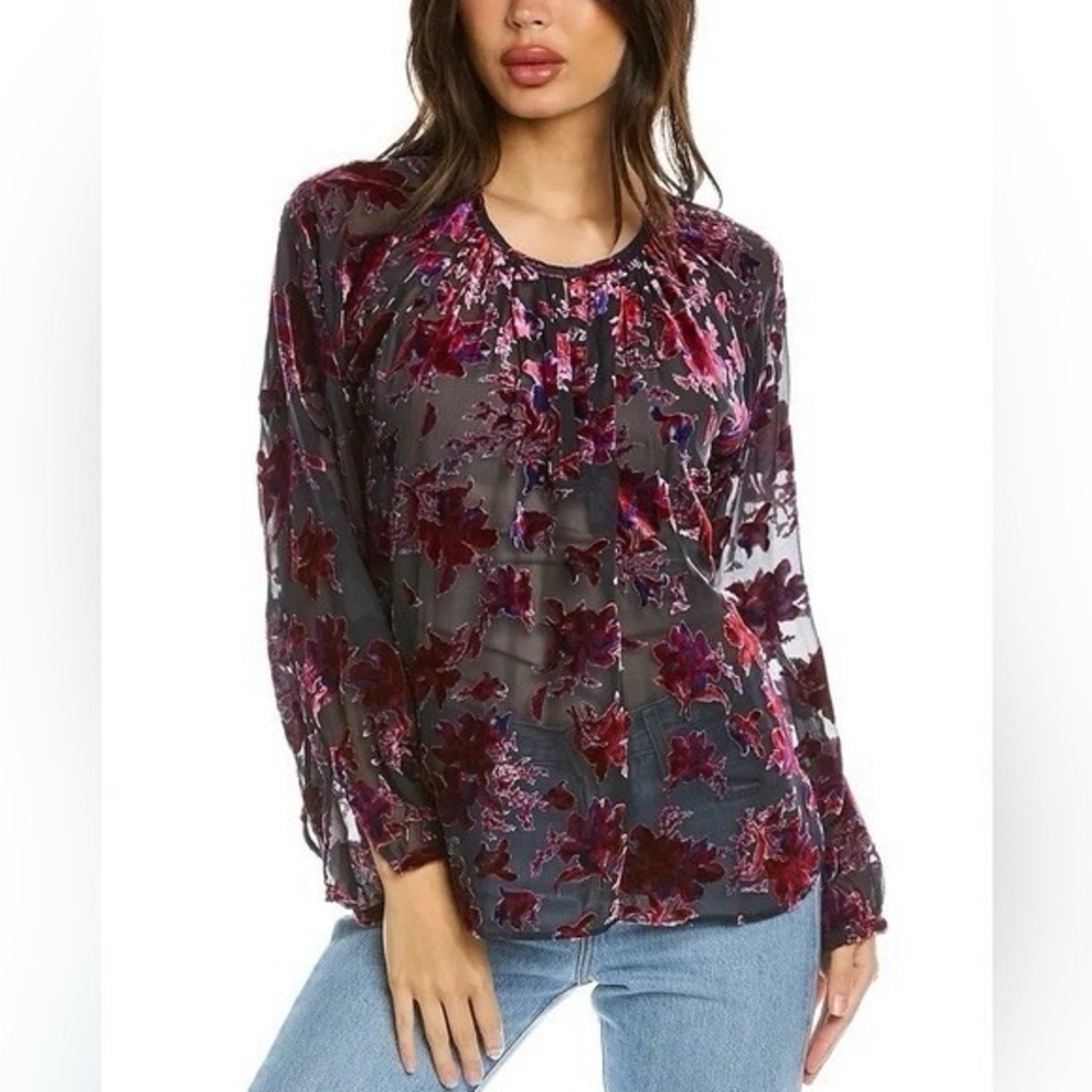 Rag & Bone Women's Purple Floral Velvet Burnout Blouse Top Size XS